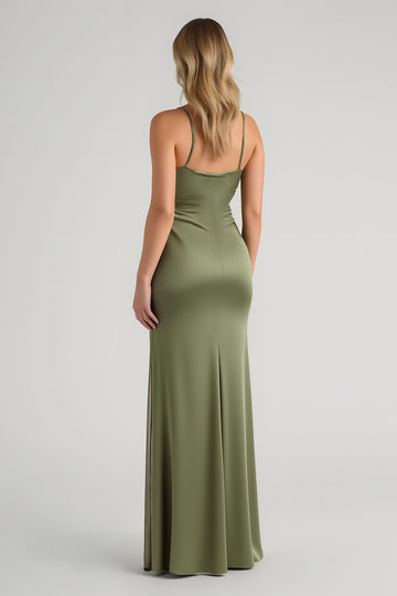 Olive Sheath Satin Maxi Bridesmaid Dress